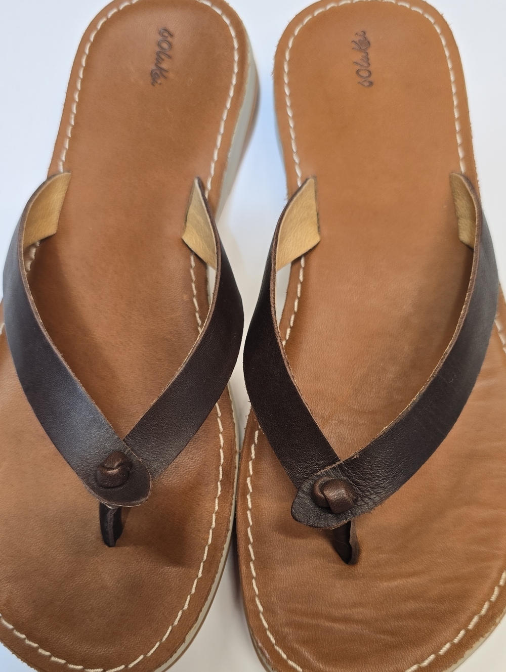 OluKai Brown Leather Flip Flop Sandals